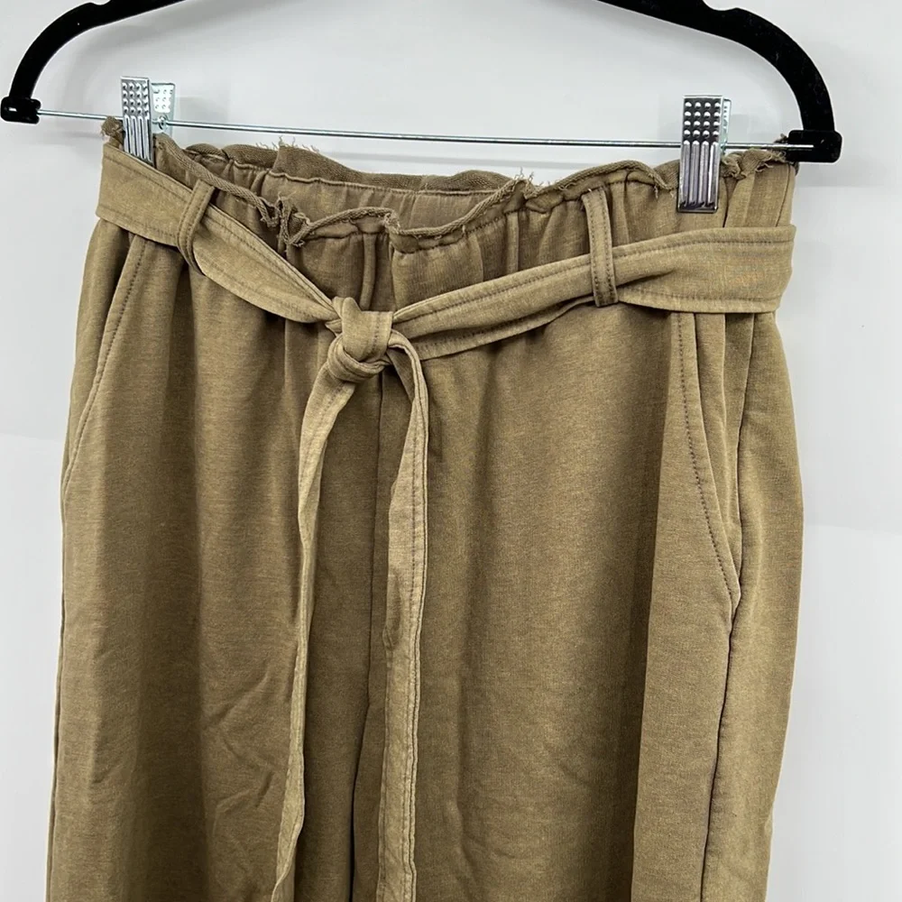 🆕Olive Green French Terry Paperbag Waist Tie High Waist Wide Leg Pants S,M & L - Picture 15 of 16